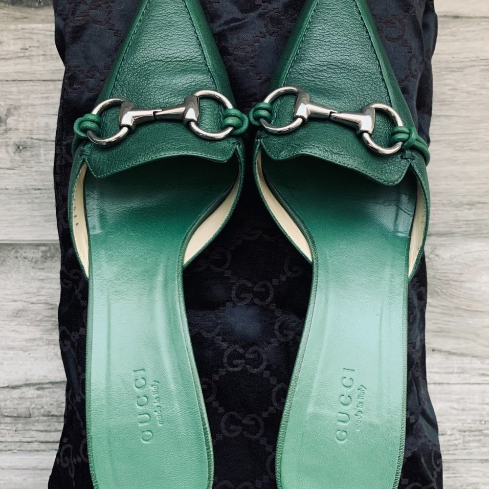 Gucci Green Leather Horsebit Pointed-Toe Mules